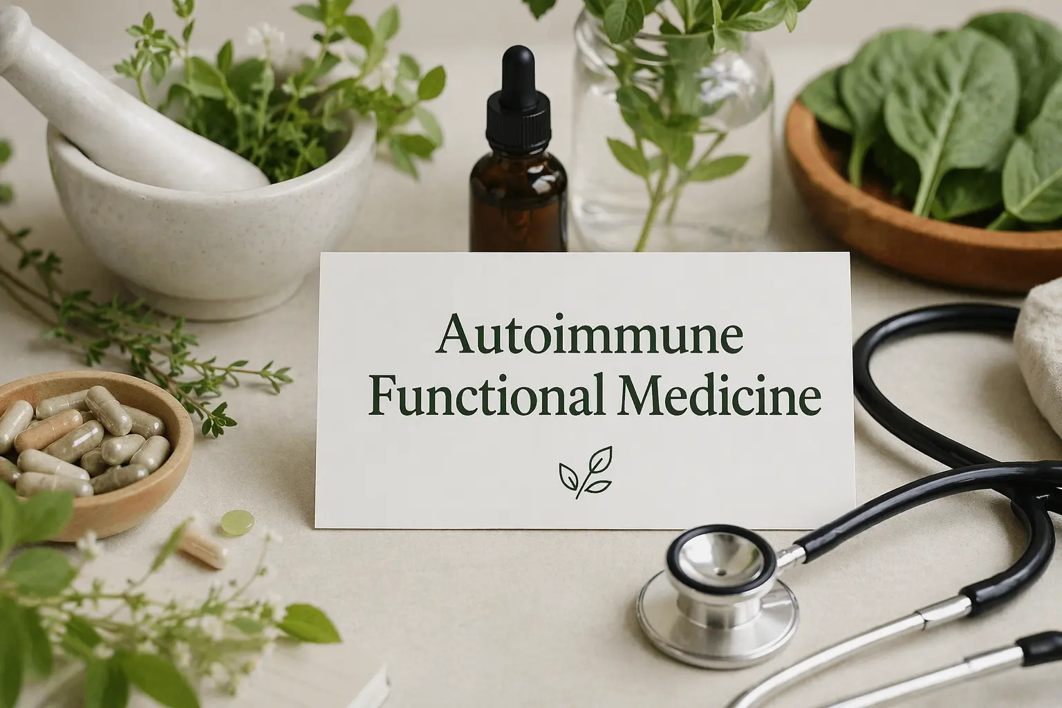 Autoimmune functional medicine with herbs, supplements and medical tools