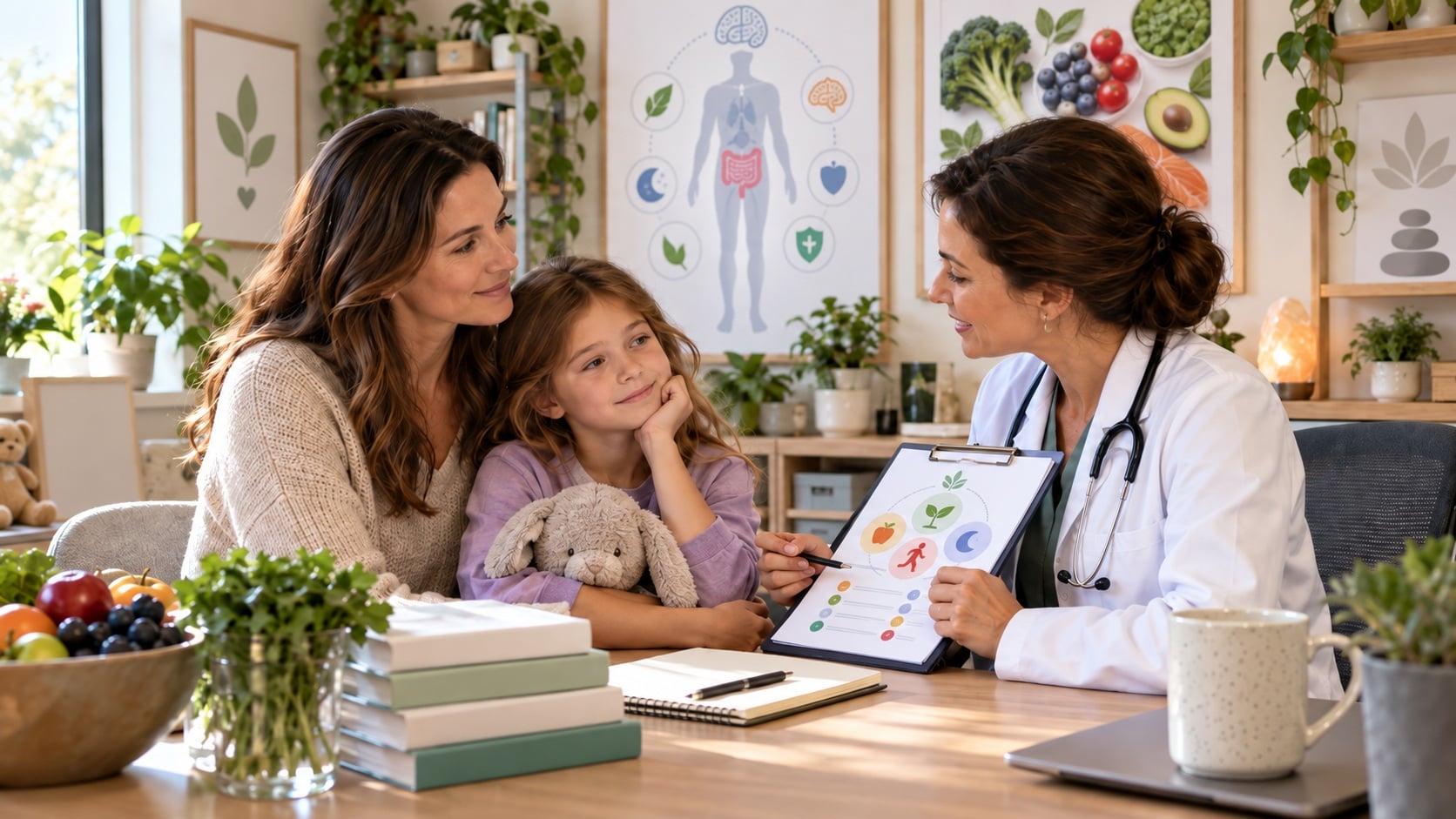 Woman on a visit to a functional medicine doctor with her daughter's